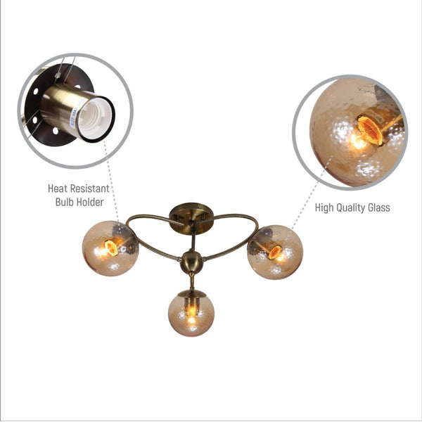 Textured Amber Globe Antique Brass Semi Circle Arm Semi Flush Ceiling Light