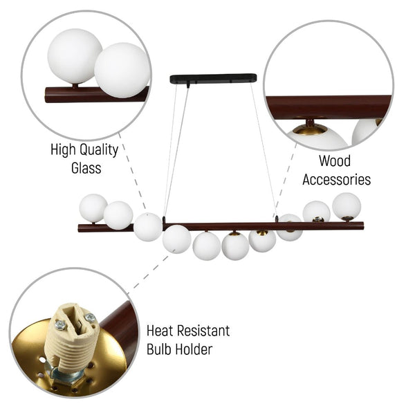 Walnut Wood Finish Metal Body Opal Glass Globes Kitchen Island Chandelier Ceiling Light 10xG9 Fitting