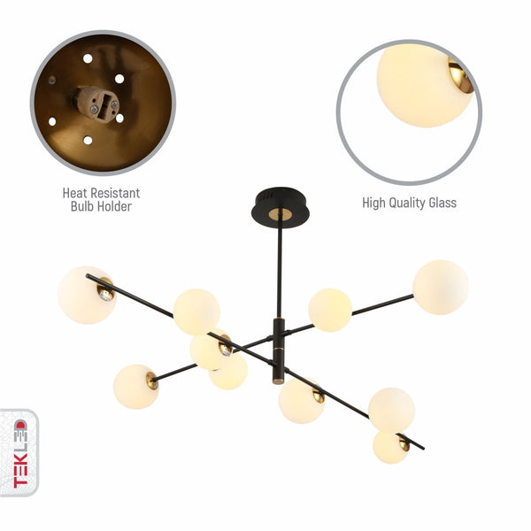 White Globe Glass Black Rod Body Ceiling Light Modern Sputnik Tiered Nordic Kitchen Island Chandelier 10xG9 Fitting