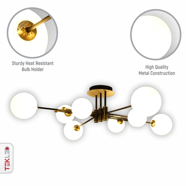 White Globe Glass Black Rod Body Semi Flush Ceiling Light 8xG9