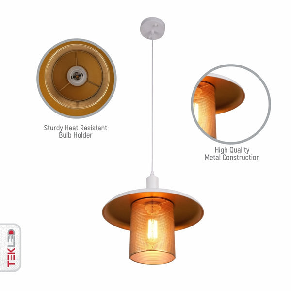 White-Golden Metal Caged Flat Pendant Ceiling Light E27