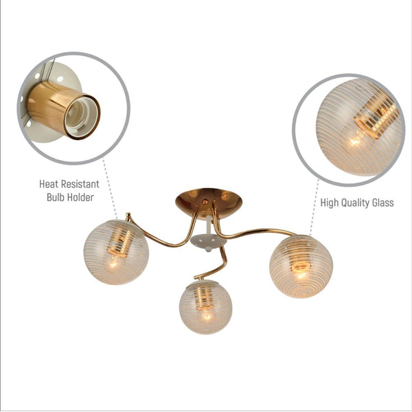 White Striped Clear Globe Gold Semi Flush Ceiling Light E27