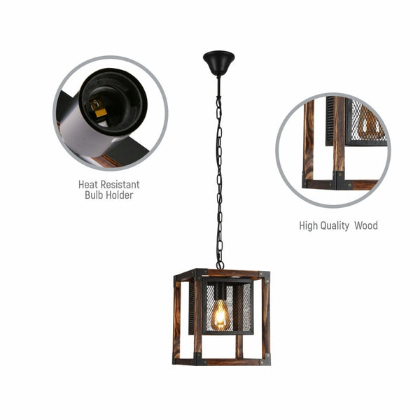 Wood Cube Black Cage Lantern Rustic Pendant Ceiling Light E27