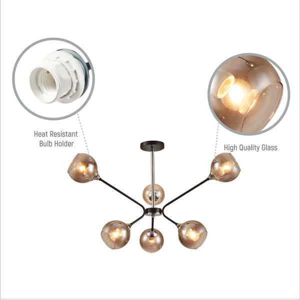 Smoky Cone Glass Black Chrome Metal Molecule Modern Ceiling Light