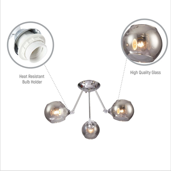 Smoky Cut-out Globe Glass Hinged Chrome Metal Semi Flush Ceiling Light