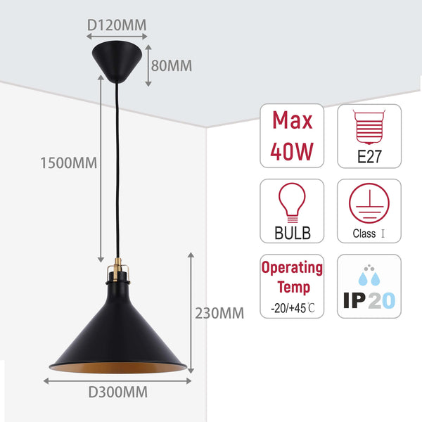 Conical Pendant Light - E27 Fitting, 40W Max, Dimmable