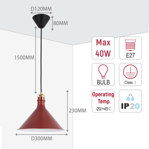 Conical Pendant Light - E27 Fitting, 40W Max, Dimmable