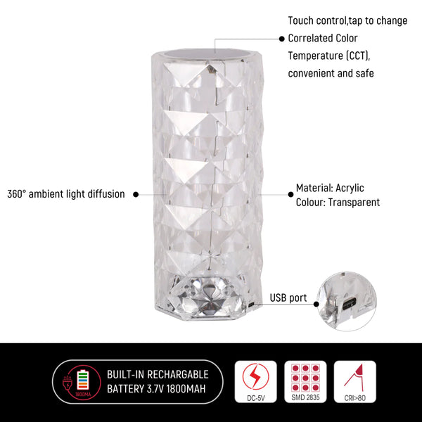 Crystal Beam Rechargeable Cylinder Table Lamp | Bedside Lamp