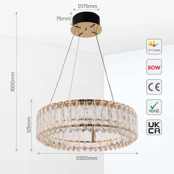 Crystal Gold Pendant Chandelier Light with Remote Control