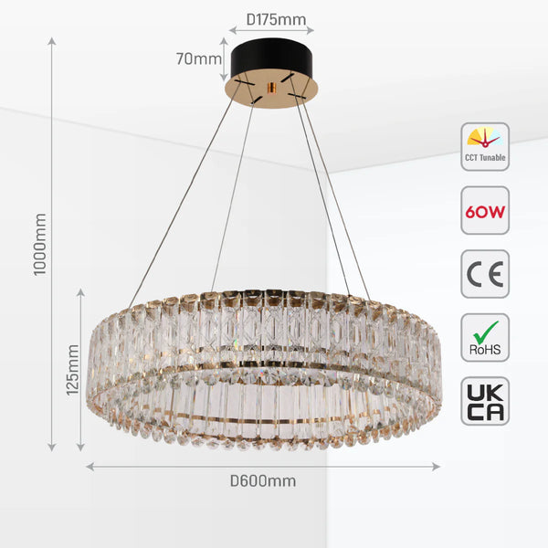 Crystal Gold Pendant Chandelier Light with Remote Control