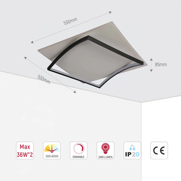 Curved-Frame LED Ceiling Light, CCT Tunable with Remote, 72W, Flush Mount