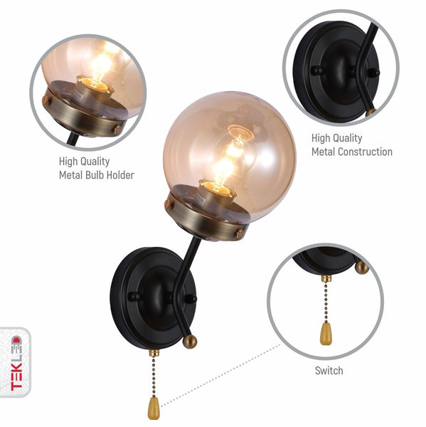 Amber Glass Antique Brass and Black Globe Wall Light E27 Fitting and Pull Down Switch