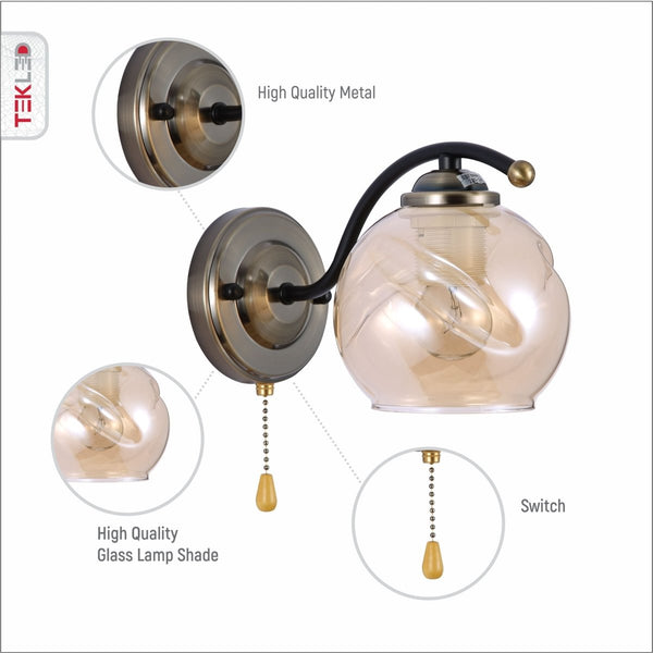 Amber Glass Black and Antique Brass Wall Light E27 Fitting and Pull Down Switch
