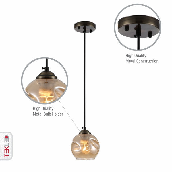 Amber Glass Dome Antique Brass Metal Pendant Ceiling Light E27