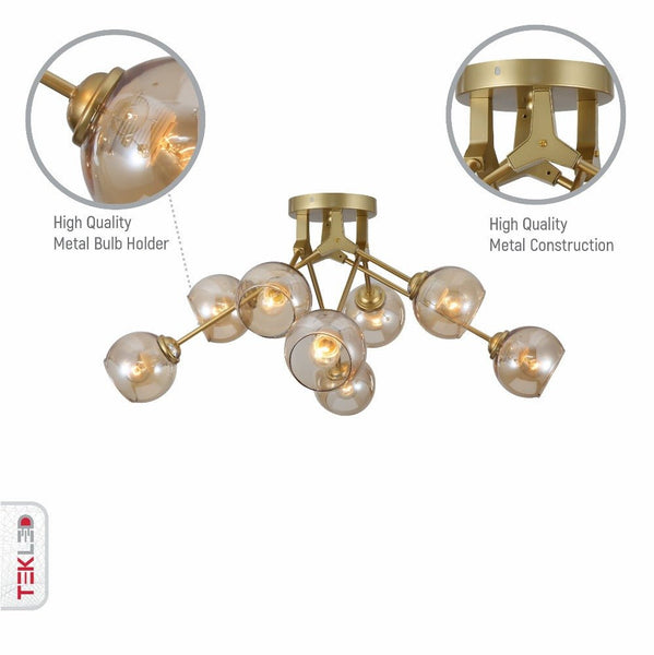 Amber Glass Dome Gold Aluminium Bronze Wishbone Semi Flush Ceiling Light E27