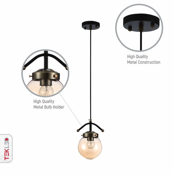 Amber Glass Globe Black and Antique Brass Pendant Ceiling Light E27