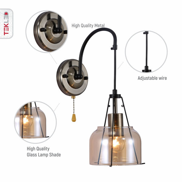 Industrial Dome Wall Light with Pull Switch and Amber Glass Shade