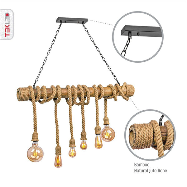 Farmhouse Rustic Bamboo and Hemp Rope Rod Ceiling Chandelier Light 6xE27