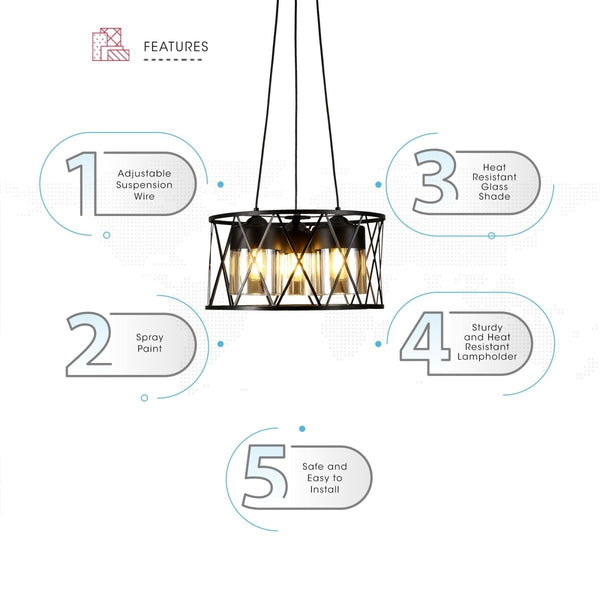 Black Caged Metal Amber Cylinder Glass Chandelier Ceiling Light 3xE27