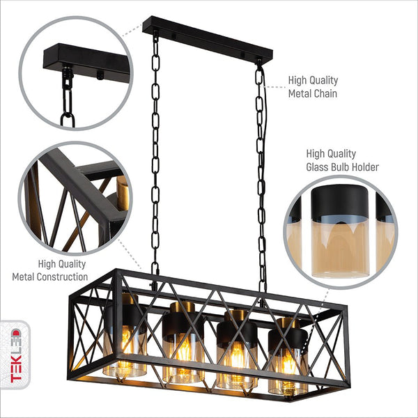 Black Cuboid Metal Amber Cylinder Glass Island Chandelier Ceiling Light 4xE27