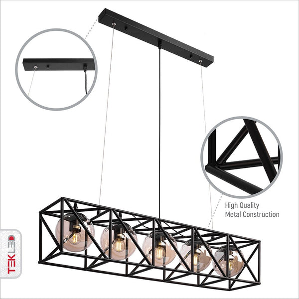Black Cuboid Metal Amber Globe Glass Island Chandelier Ceiling Light 5xE27