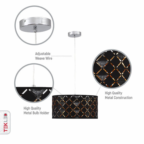 Black-Gold Fabric Cylinder Pendant Ceiling Light E27