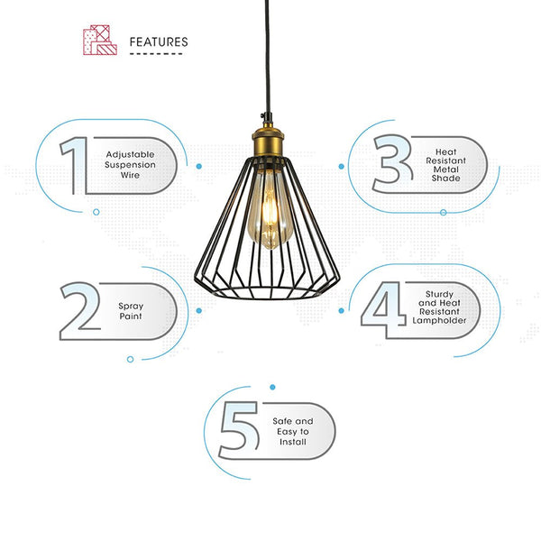 Black Metal Caged Funnel Pendant Ceiling Light E27
