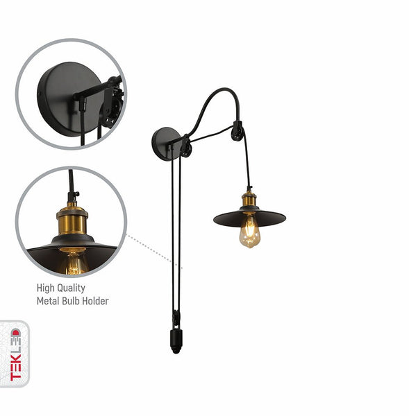 Black Metal Funnel Pulley Wall Light E27 Fitting