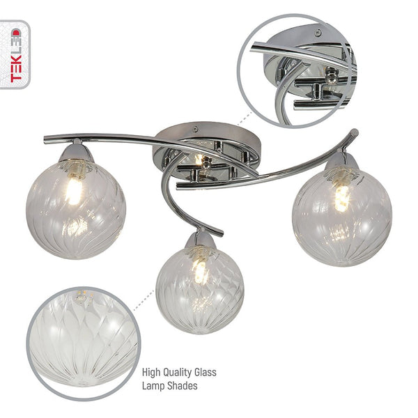 Chrome Metal Clear Glass Ceiling Light 3xG9