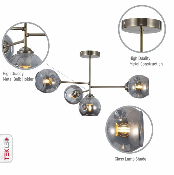 Smoky Glass Dome Antique Brass Semi Flush Ceiling Light