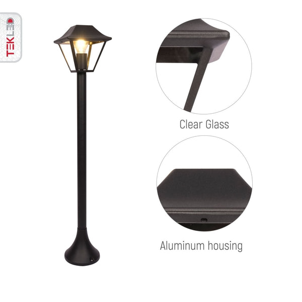 Cottage Style Bollard Lawn Lamp 1M Pole Matt Black Clear Glass E27 124cm