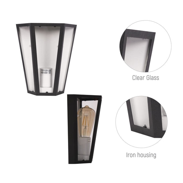 Modern Lantern Trapezium Cuboid Wall Lamp Upward Base Matt Black&White Clear Glass E27