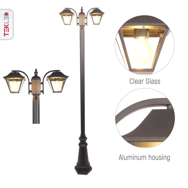 Cottage Style Post Top Lamp Matt Black Clear Glass 2XE27 2.3M