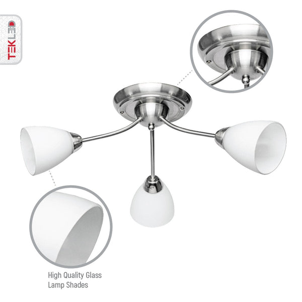 White Glass Chrome Semi-Flush Ceiling Light 3xE27
