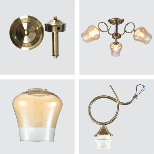 Amber Bell Glass Antique Brass Metal Semi Flush Ceiling Light
