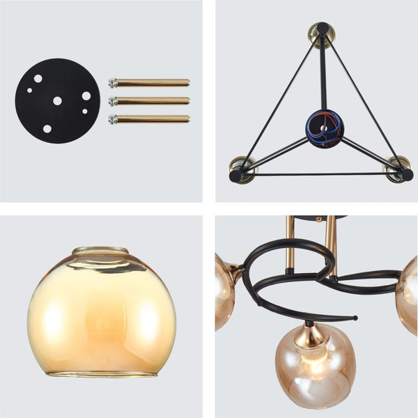 Amber Bell Glass Black Gold Metal Semi Flush Ceiling Light