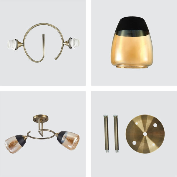 Amber Black Bell Glass Antique Brass Metal Spiral Semi Flush Ceiling Light