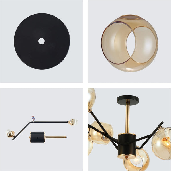 Amber Cut-out Globe Glass Black Gold Metal Sputnik Semi Flush Ceiling Light