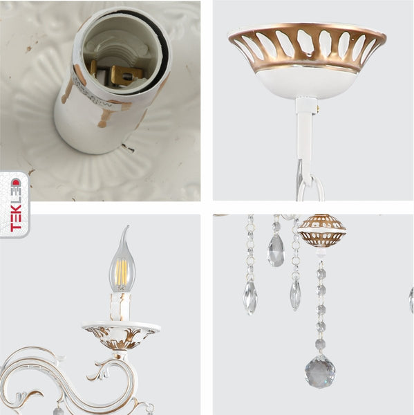 Traditional French Vintage Retro Candle Metal and Crystal Gold Aged Cream Arm Chandelier Ceiling Light E14