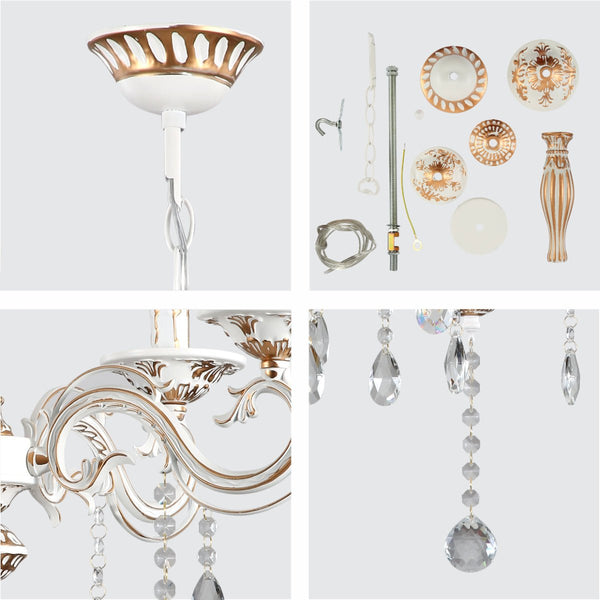 Traditional French Vintage Retro Candle Metal and Crystal Gold Aged Cream Arm Chandelier Ceiling Light E14