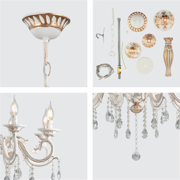 Traditional French Vintage Retro Candle Metal and Crystal Gold Aged Cream Arm Chandelier Ceiling Light E14