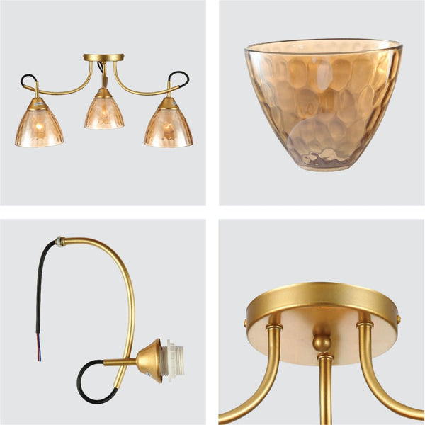 Amber Cone Glass Gold Semi Flush Ceiling Light E27