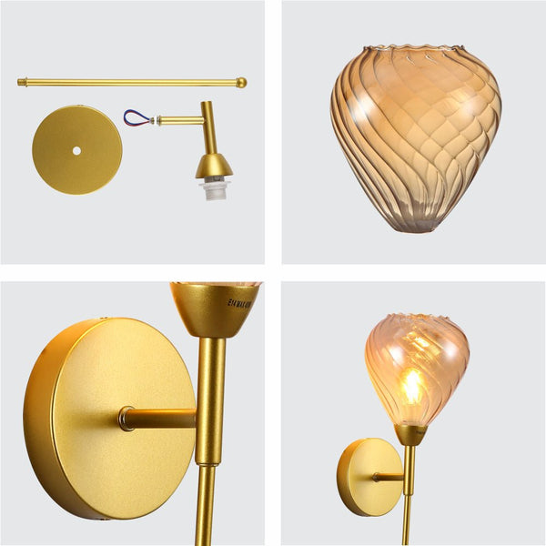 Amber Cone Patterned Glass Gold Metal Sconce Wall Light E14 Fitting