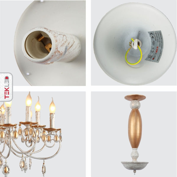 Amber Crystal Gold and White Metal Arm Ceiling Chandelier Light E14