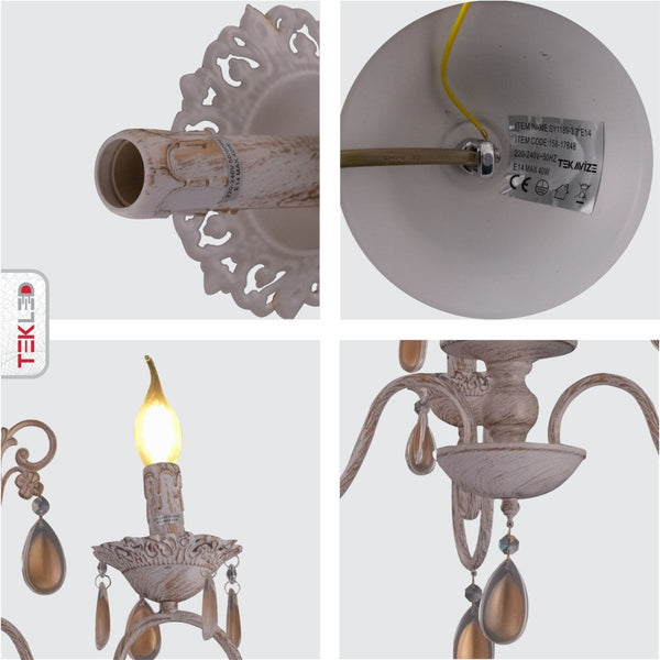 Amber Crystals Rice White with Gold Brushed Metal Arm Ceiling Chandelier Light E14