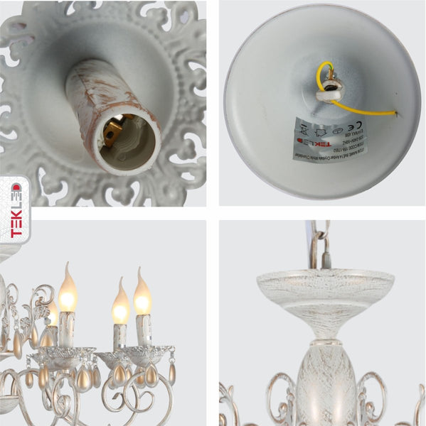 Amber Crystals Rice White with Gold Brushed Metal Arm Ceiling Chandelier Light E14