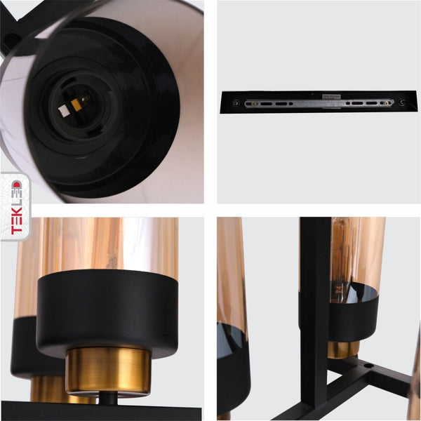 Amber Cylinder Glass Black Metal Chandelier Ceiling Light 8xE27