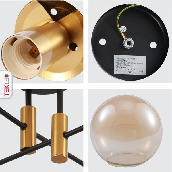 Opal Clear Amber Glass Globe Gold and Black Metal Semi Flush Ceiling Light E27