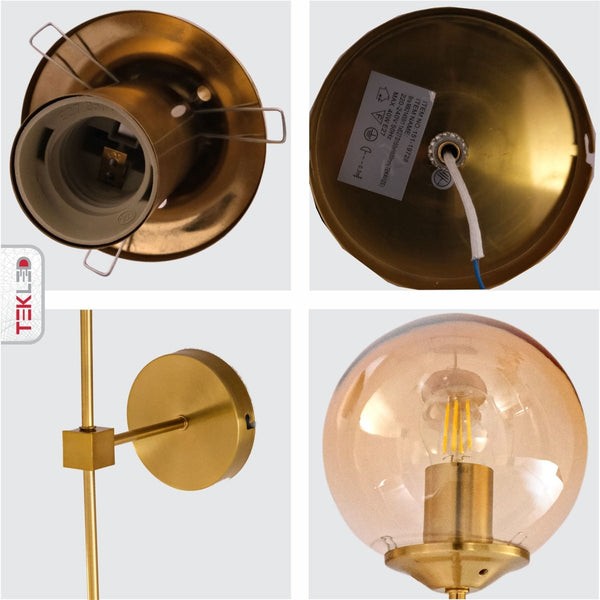 Amber Glass Gold Metal Wall Light L E27 Fitting