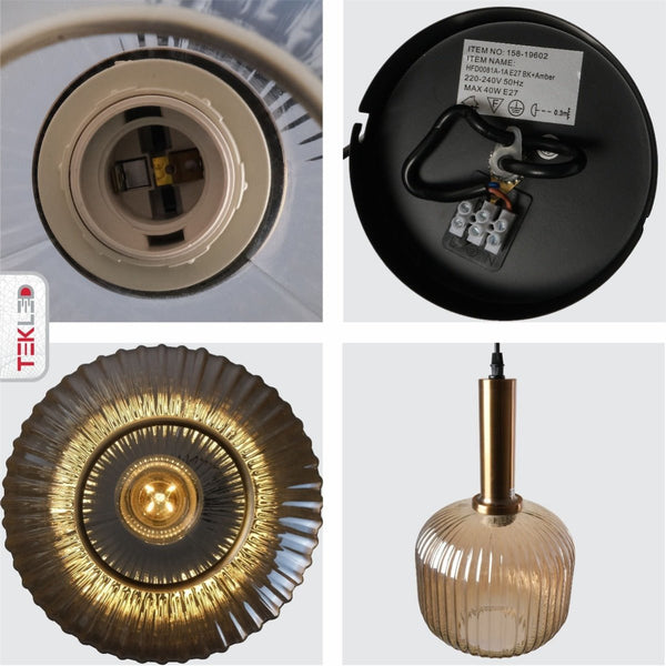Sawyer Ribbed Fluted Reeded Maloto Lantern Amber Glass Pendant Ceiling Light E27 Gold Bronze Top